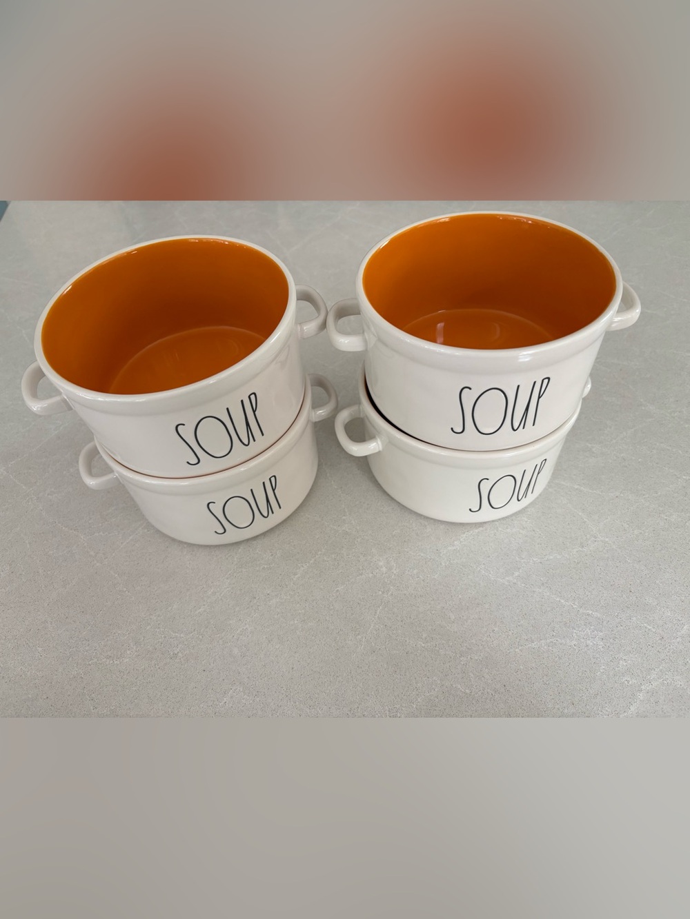 Rae Dunn "SOUP" Soufflé Bowls Set of 4 Orange Interior Handled Crocks Pots